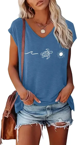 YITAN Women Beach Graphic Sea Tturtle T-Shirt V-Neck Cap Sleeve Tops