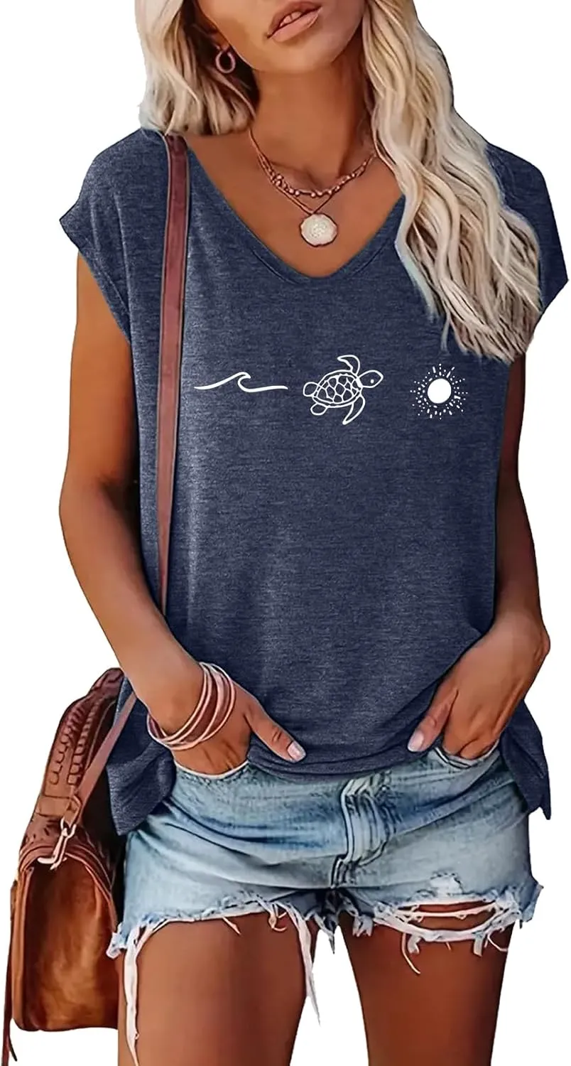 YITAN Women Beach Graphic Sea Tturtle T-Shirt V-Neck Cap Sleeve Tops