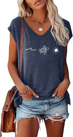 YITAN Women Beach Graphic Sea Tturtle T-Shirt V-Neck Cap Sleeve Tops