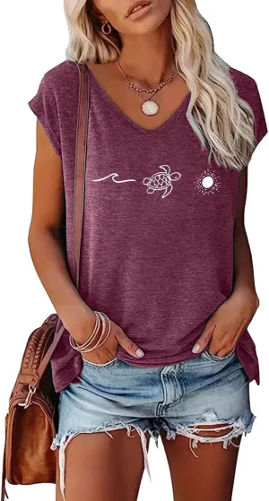 YITAN Women Beach Graphic Sea Tturtle T-Shirt V-Neck Cap Sleeve Tops