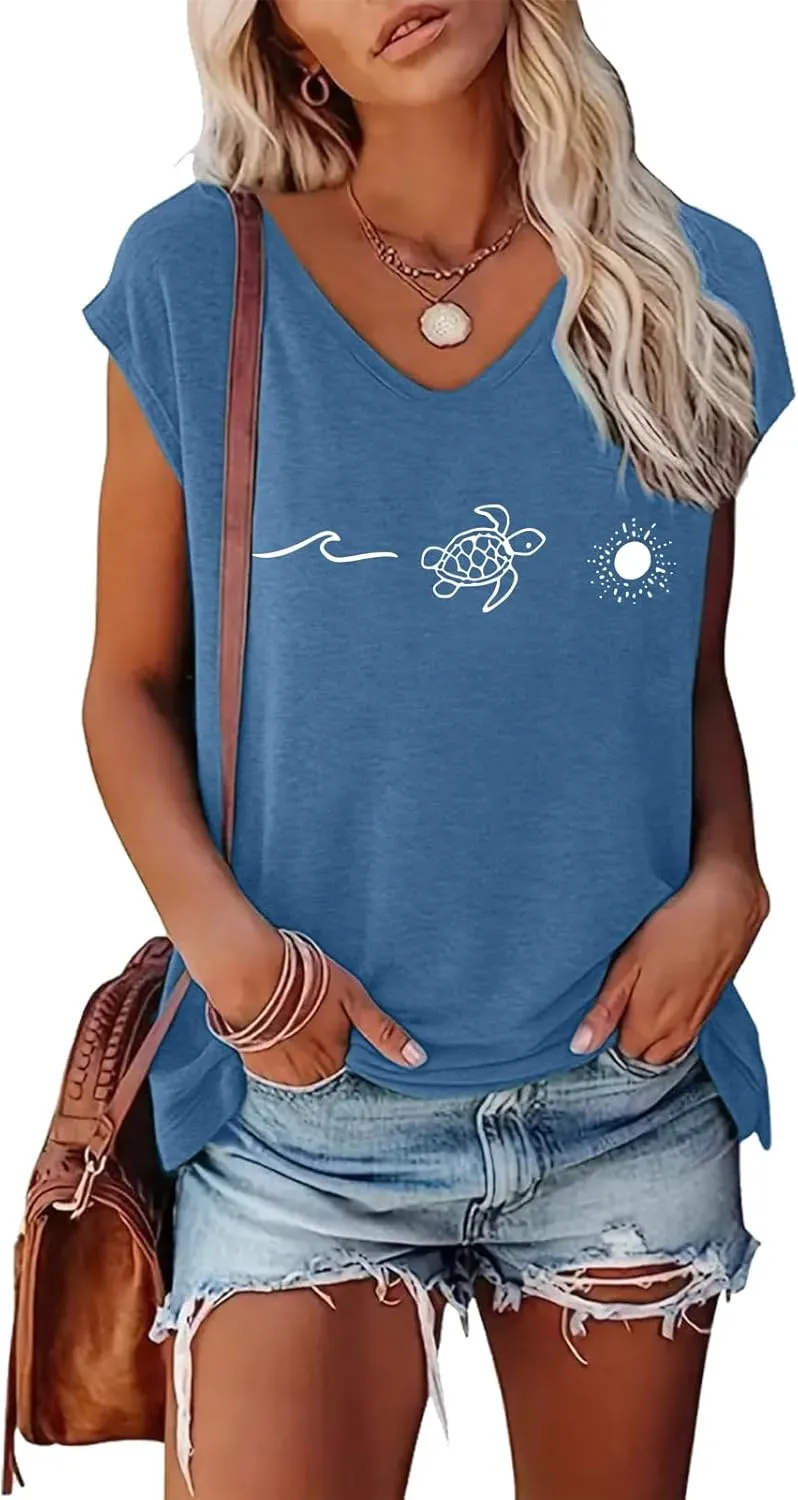 YITAN Women Beach Graphic Sea Tturtle T-Shirt V-Neck Cap Sleeve Tops