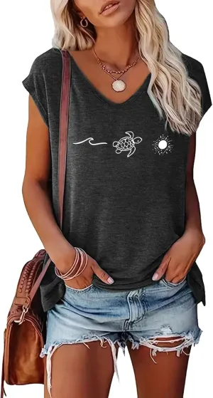 YITAN Women Beach Graphic Sea Tturtle T-Shirt V-Neck Cap Sleeve Tops