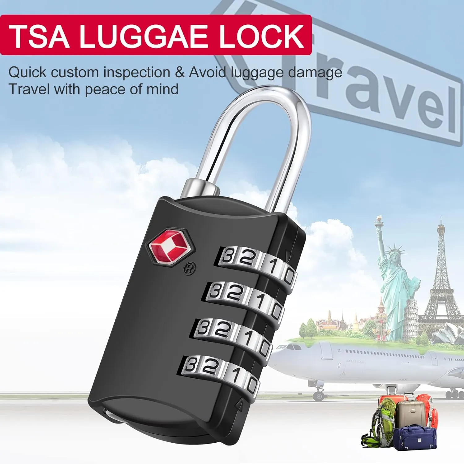 ZHEGE Luggage Lock, TSA Approved Travel Lock, 4 Digit Combination Padlock with Flexible Cable (80cm) for Suitcases, Backpack, Suitcase
