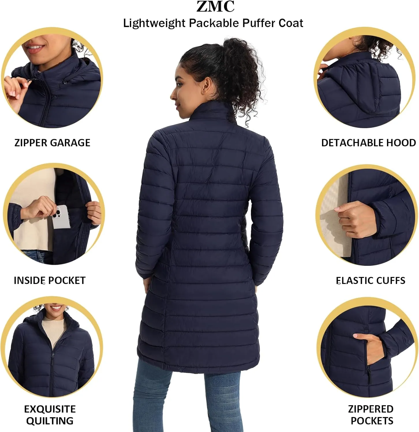 ZMC Packable Women Puffer Coat, Lightweight Water-Resistant Puffer Jacket Detachable Hood Slim-Fit Winter Coat for Women