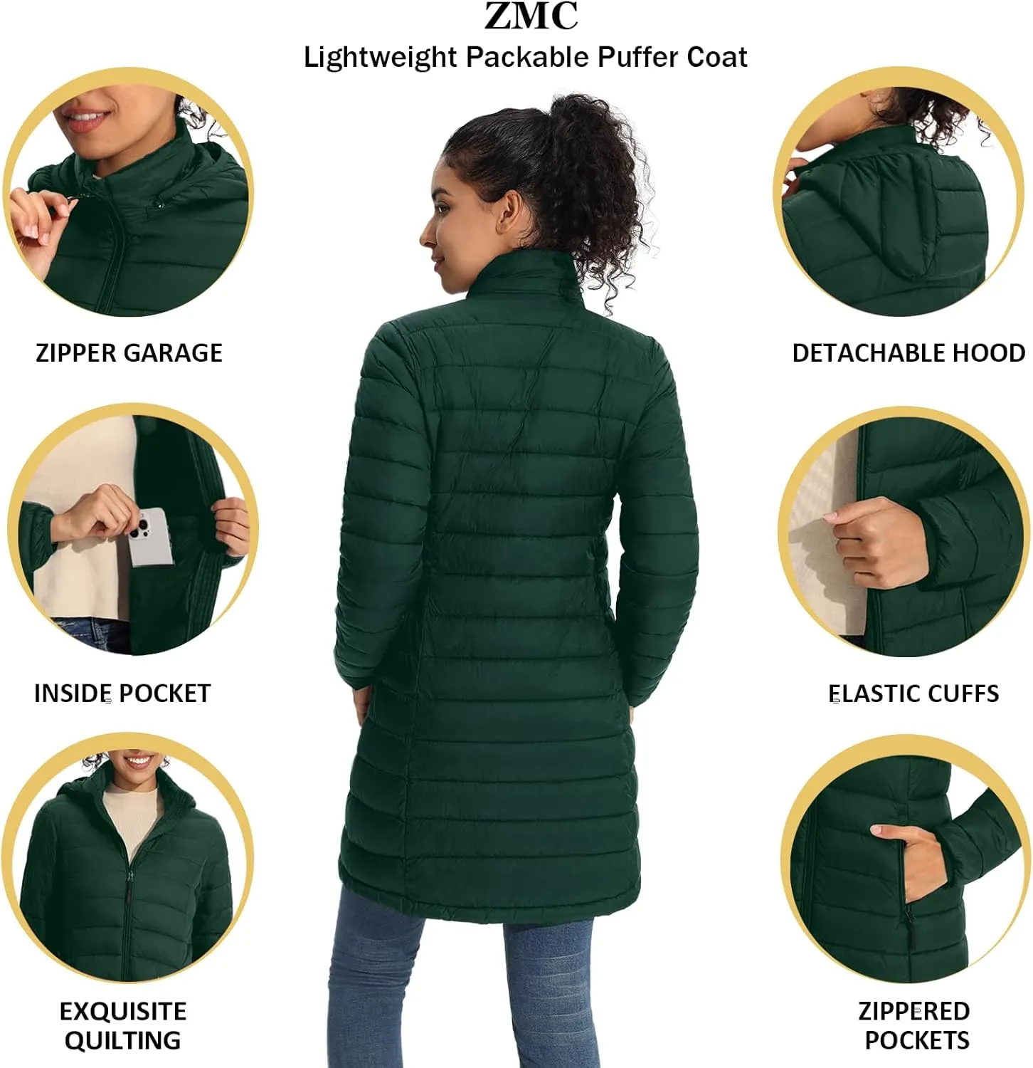 ZMC Packable Women Puffer Coat, Lightweight Water-Resistant Puffer Jacket Detachable Hood Slim-Fit Winter Coat for Women